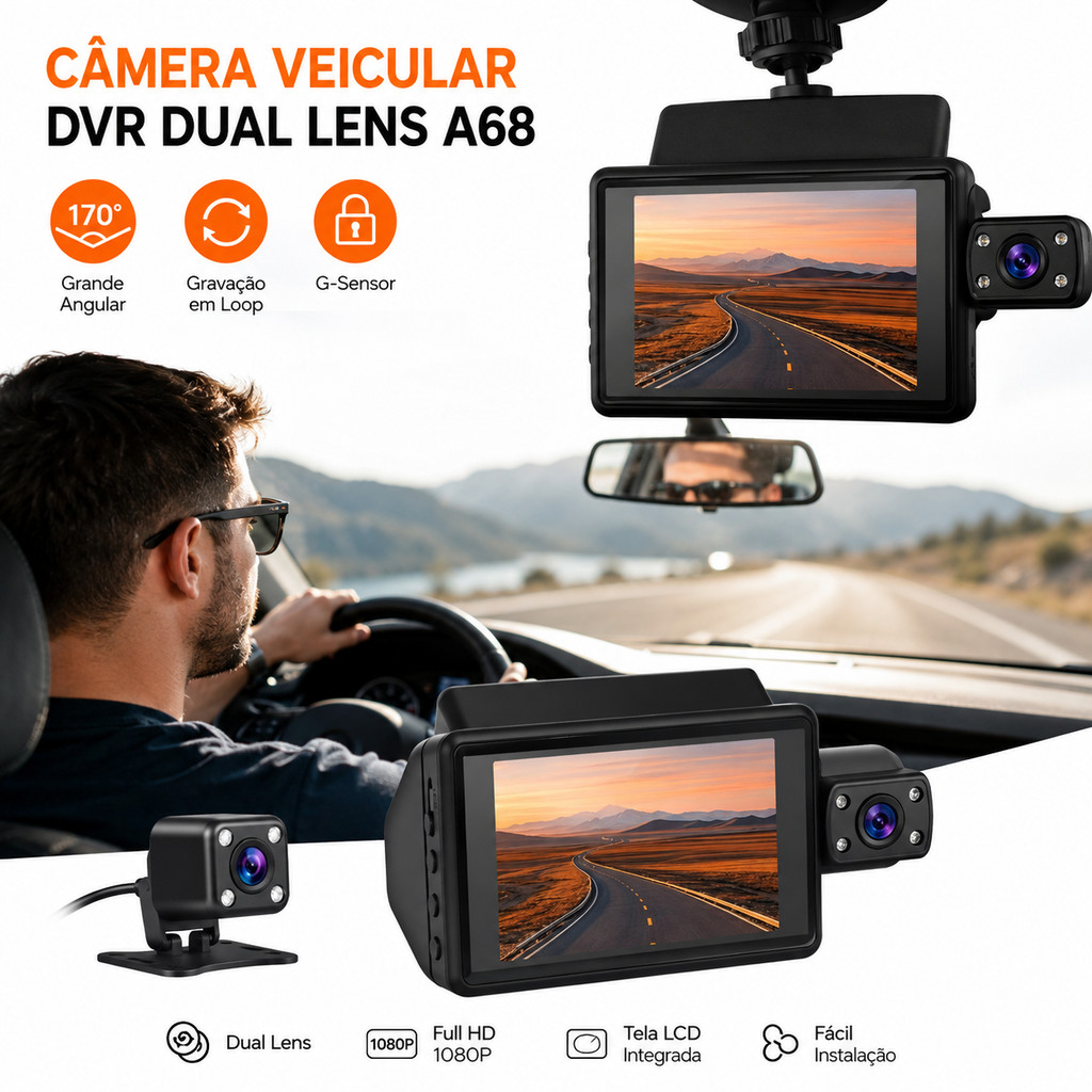Câmera Veicular DVR A68 Dual Lens 1080P 170° Visão Traseira G-Sensor LCD
