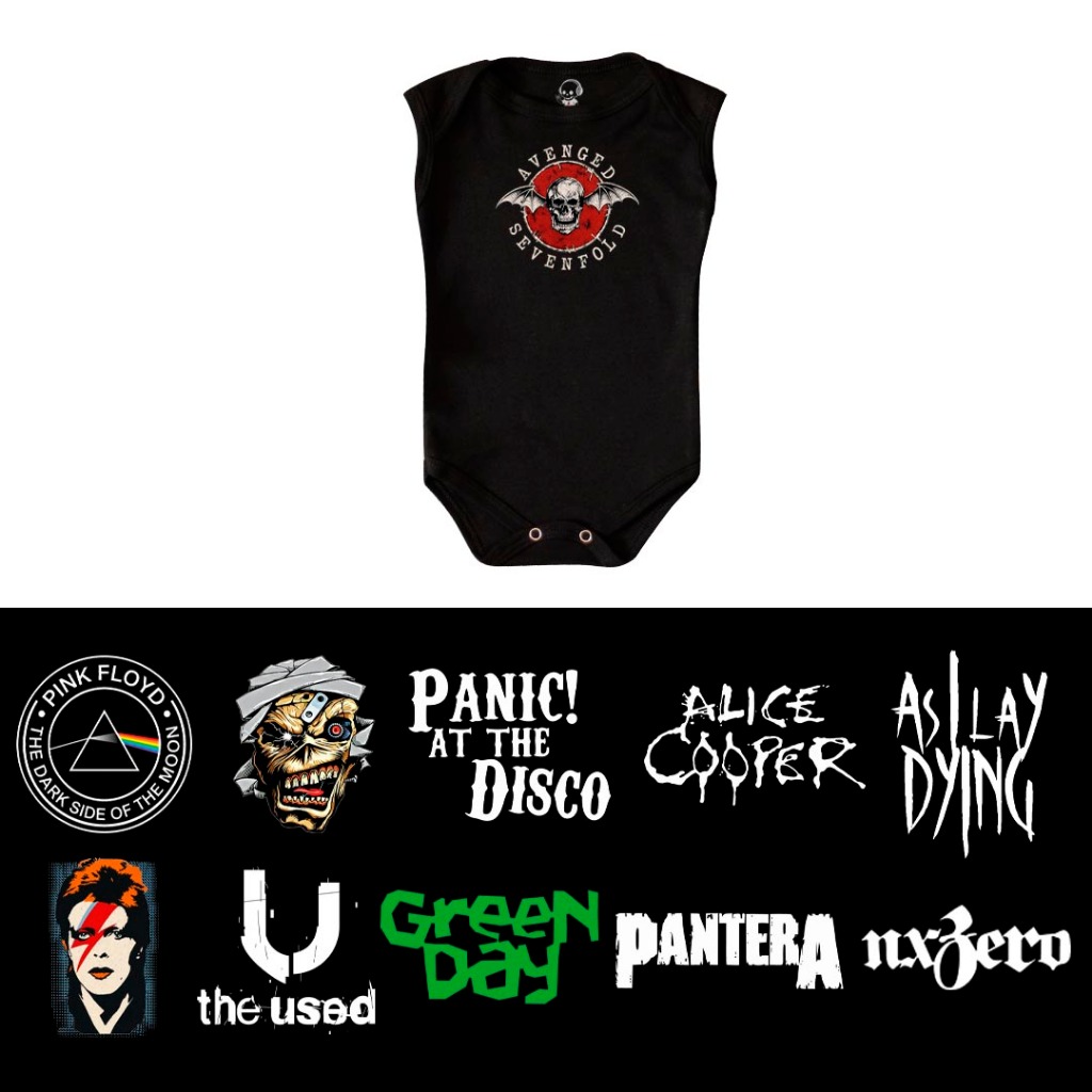 Body Regata Rock Bebê • Bandas • Estampas David Bowie, Green Day, NxZero, Iron Maiden e mais bandas
