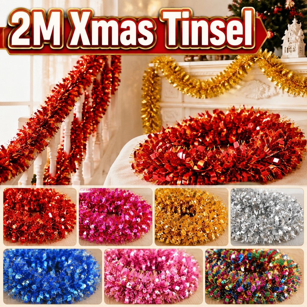 PET Tinsel Garland Corda Reflexiva Brilhante 2M Para Decoração De Cenário De Festa De Natal