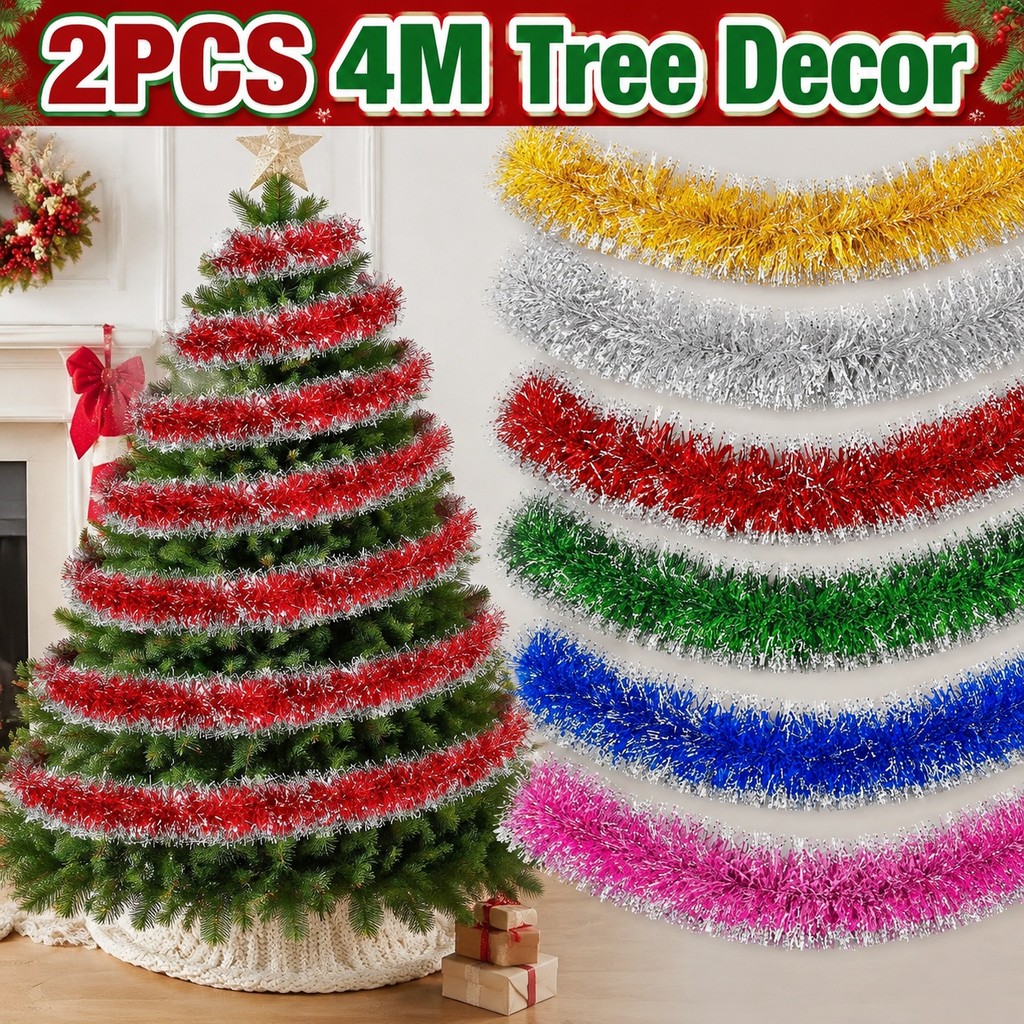 2 Pcs Metálico Xmas Tinsel Garland 4M Franja Flexível Total Para Enfeite De Embrulho De Árvore De Natal