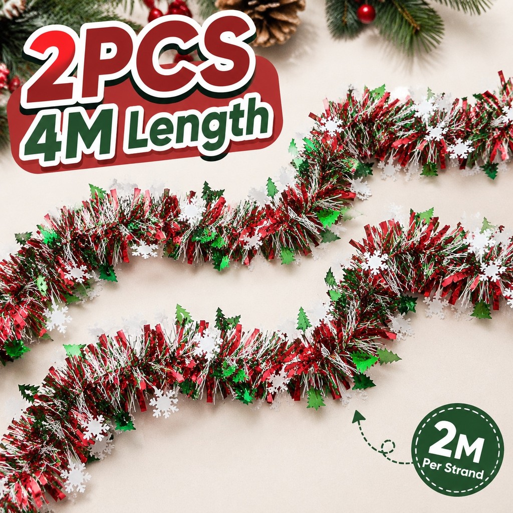2 Pcs 4M Vermelho Verde Prata Xmas Tinsel Garland Para Árvore Janela Mantel