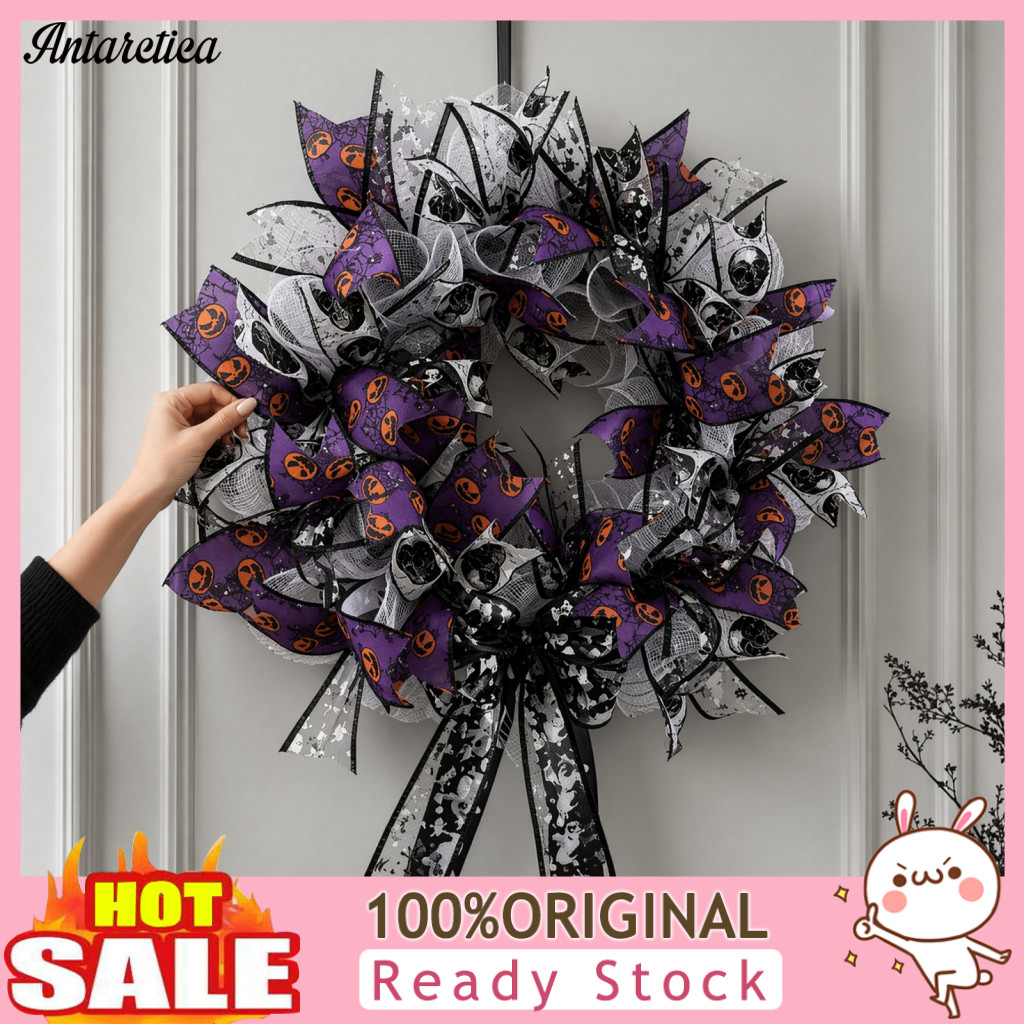 Bow Wreath Halloween Mesh Ribbon for Front Door Spooky Skull Pumpkin Decor with Purple Black Striped Garland for Wall Wi