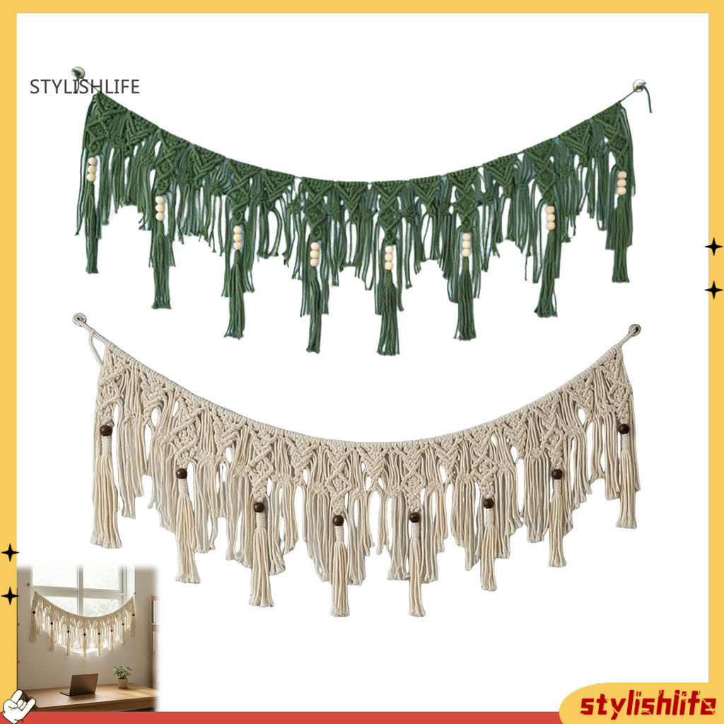 stylishlife1 Boho Garland Pendurado Na Parede Com Contas De Madeira , Banner De Borla De Algodão Tecido À Mão , Tapeçari