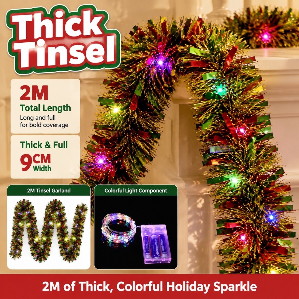 Árvore De Natal Tinsel Garland Vermelho Verde Folha De Ouro Franja 2M Para Decoração De Festa