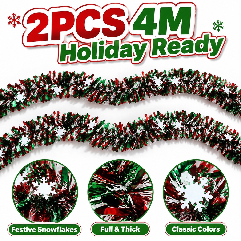 2 Pcs Xmas Tinsel Garland Streamer 4M Total Para Decoração De Férias Em Casa