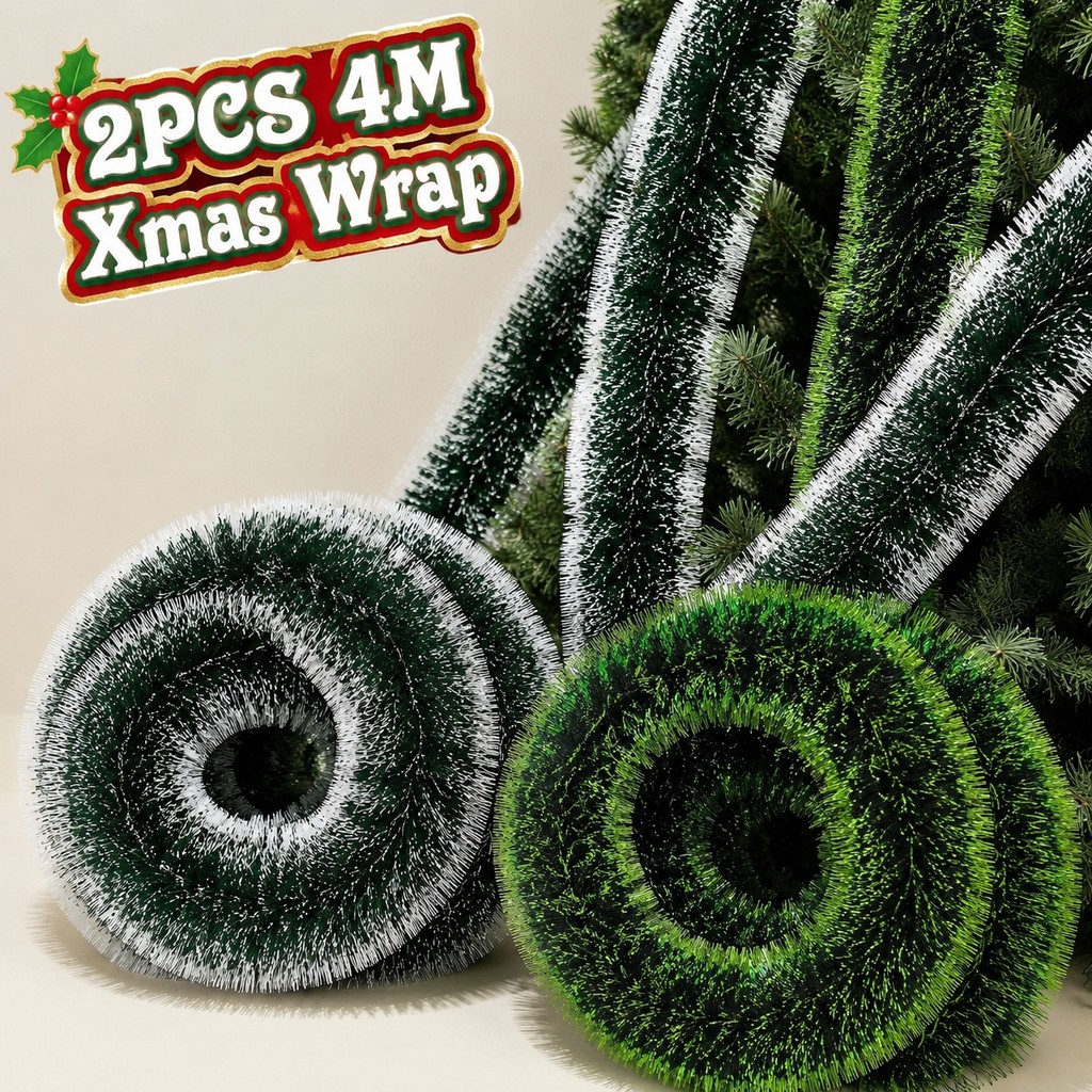 2 Pcs Macio Brilhante Verde Xmas Tinsel Garland 4M Ornamento Pendurado
