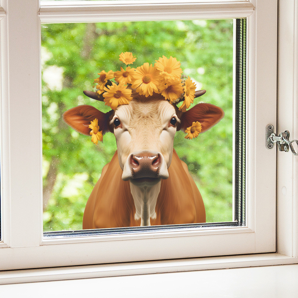 2D Fun Pastoral Cow Window Stickers Girassol Garland Vaca Padrão Adesivos de vidro eletrostático sem cola Adesivos decor
