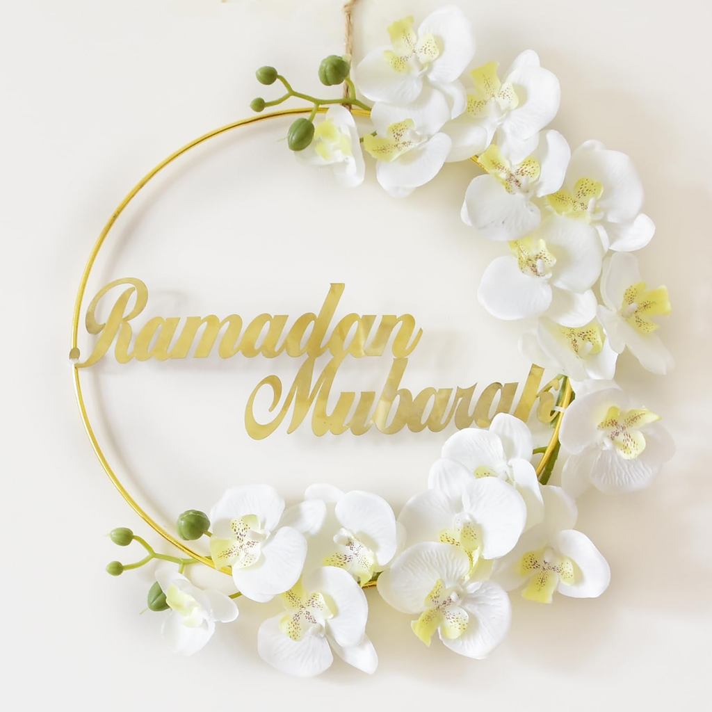 Ramadan Mubarak Wreath,Wreath Ramadan Decorations for Home Front Door,Round Metal Hoop Floral Hanging Garland for Wall W