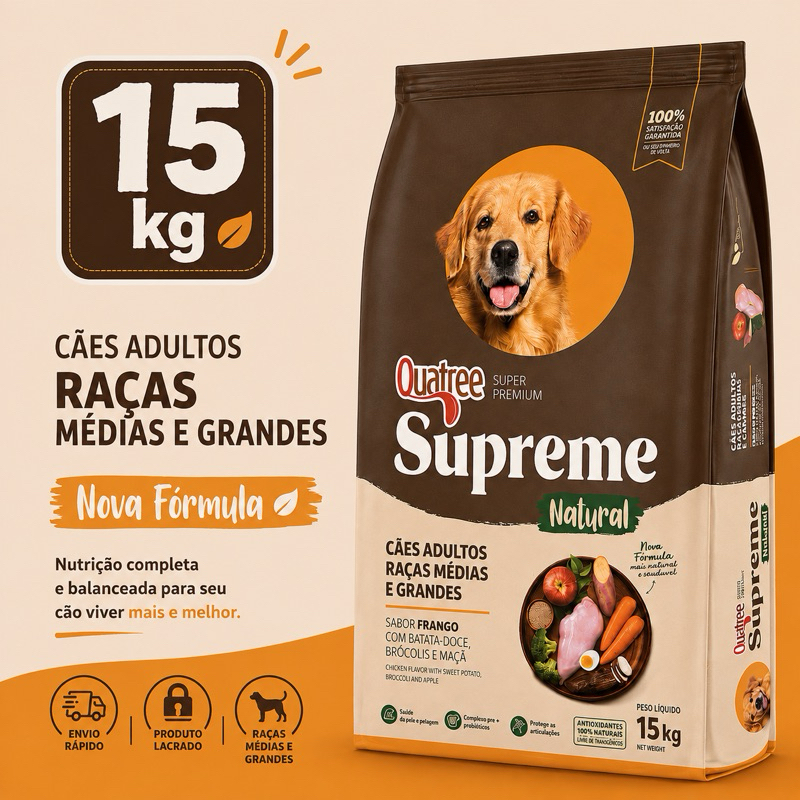 Ração Quatree Supreme Cães Adultos Frango 15KG Raças Médias Grandes Super Premium Nova Formula
