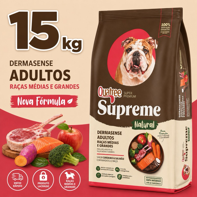 Quatree Supreme Cães Dermasense Adultos de Raças Médias e Grandes, Sabor Cordeiro e Salmao 15KG