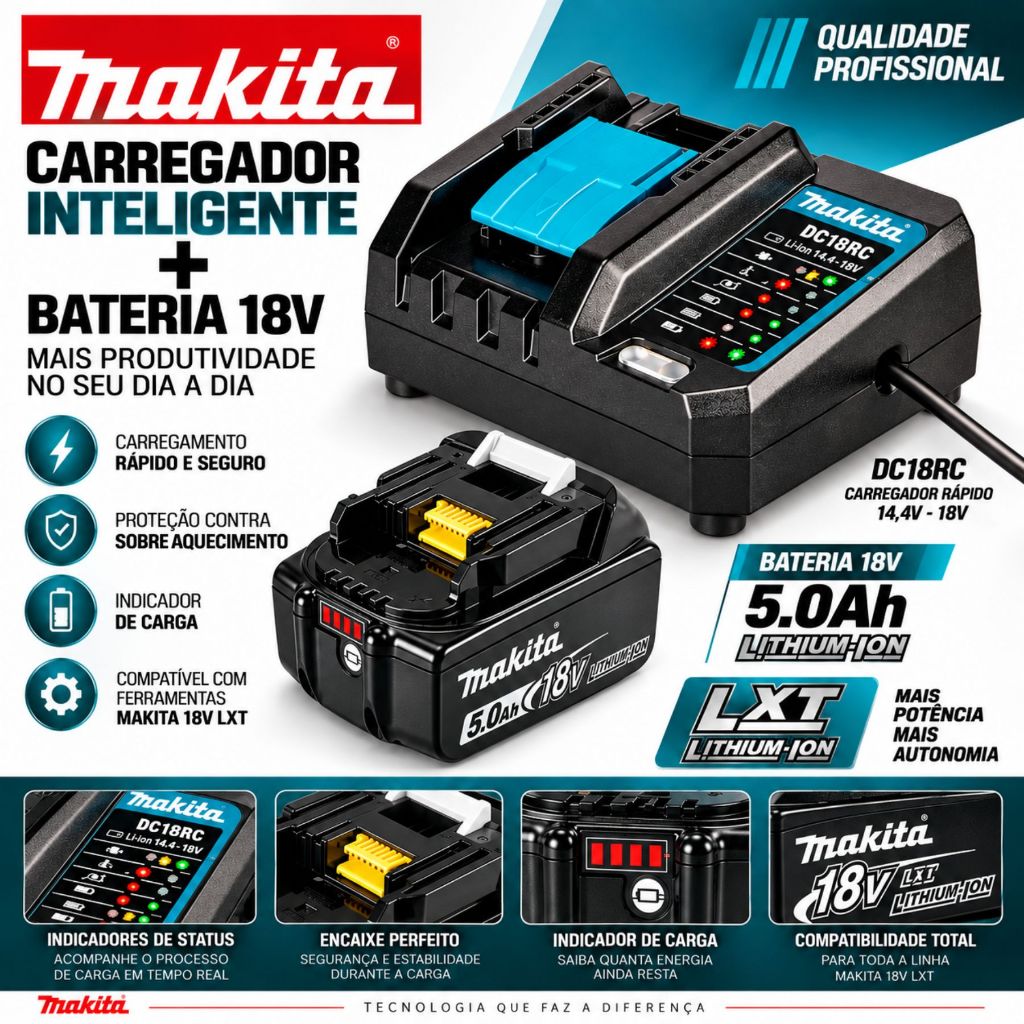 Bateria 18V 5Ah Base Carregador Ultra Rápido Original Makita Lithium-ion LI-ION Dc18wc (bivolt)