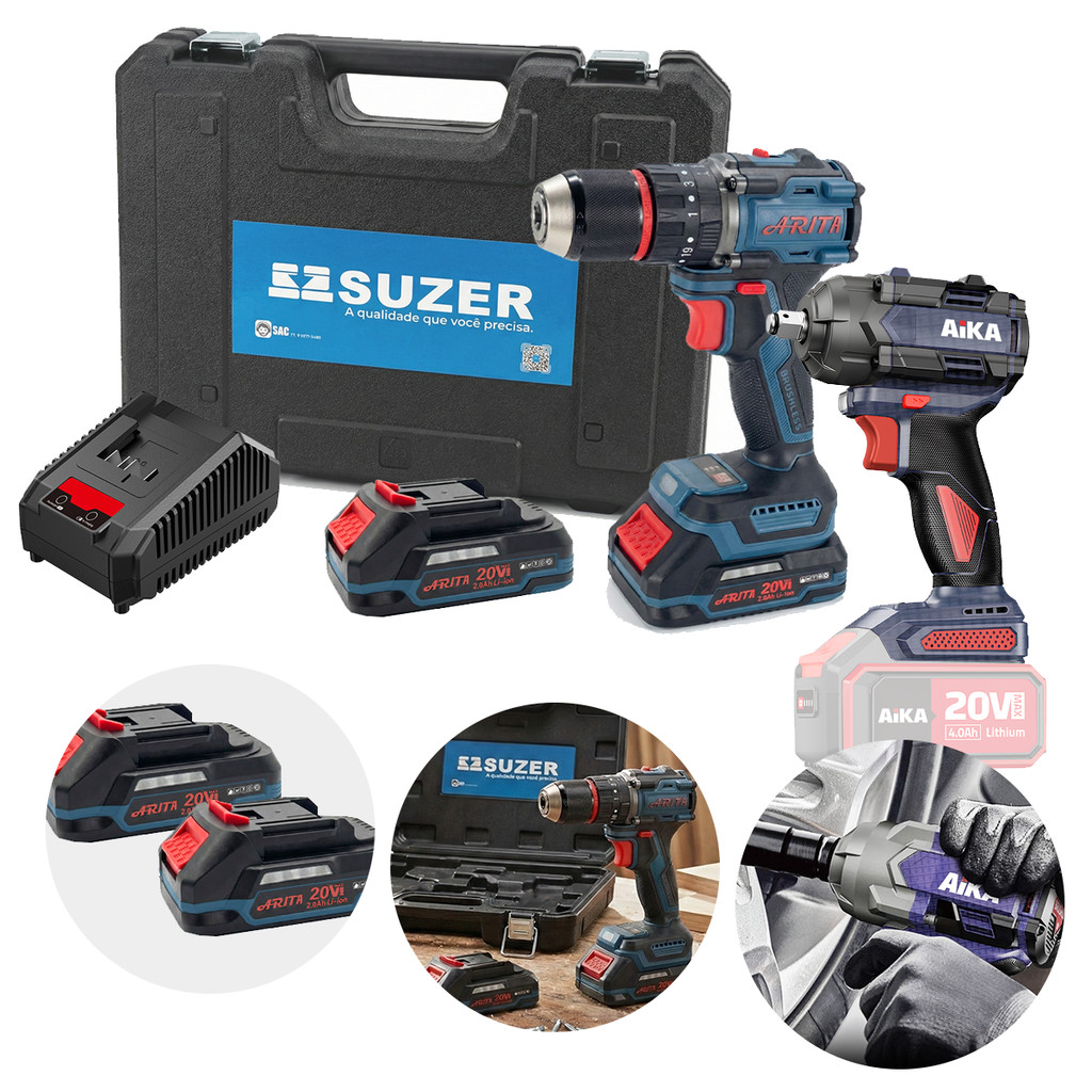 Kit Parafusadeira Chave de Impacto 20v 500N.m 1/2 13mm Profissional Lithium-ion 20v 2.0ah Aika e Arita