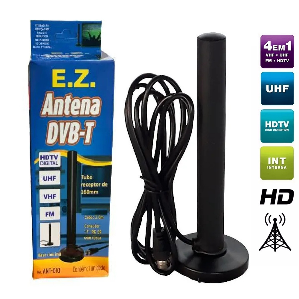 Antena Digital Interna -Modelo DVB-T HDTV/UHF/VHF/FM Cabo 2Mt