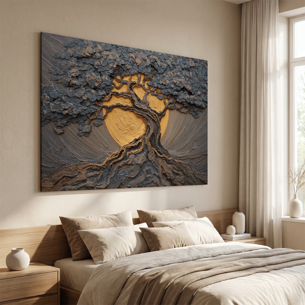 Quadro Decorativo Árvore da Vida com Lua Dourada – Arte 3D em Relevo, Tons Cinza e Bronze, Estilo Moderno e Sofisticado