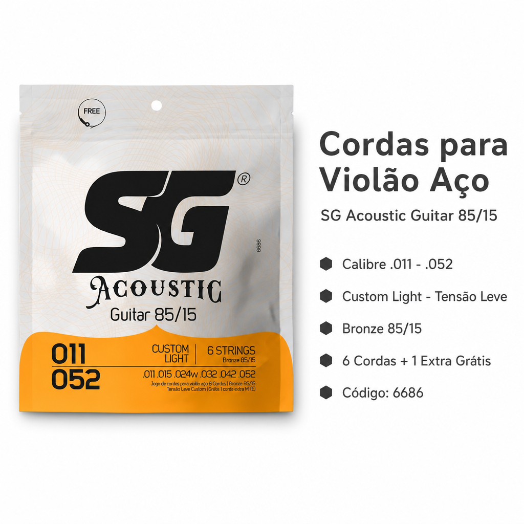 Jogo De Cordas Violão Aço SG Bronze 85/15 Calibre 011-052 Tensão Leve Custom 6 Cordas + E Extra