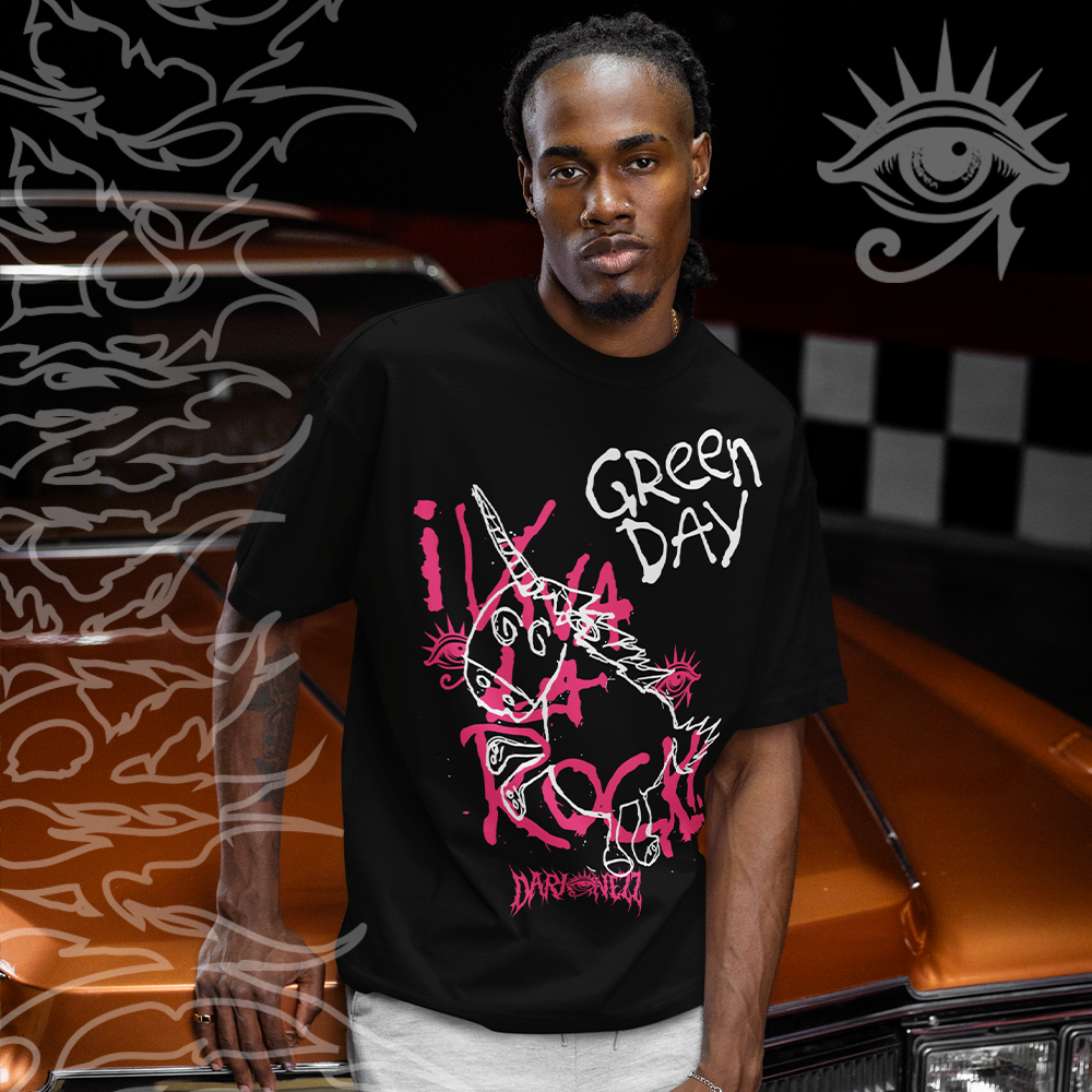 Camiseta Basica e OVERSIZED Green Day La Rock Uniscornio Bada Rock Vintage Unissex - Darknezz