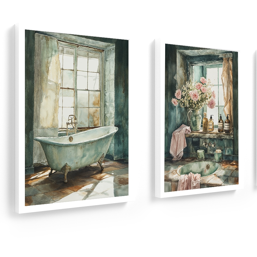 Kit 2 quadros banheiro lavabo, toalete, vintage Mint Green