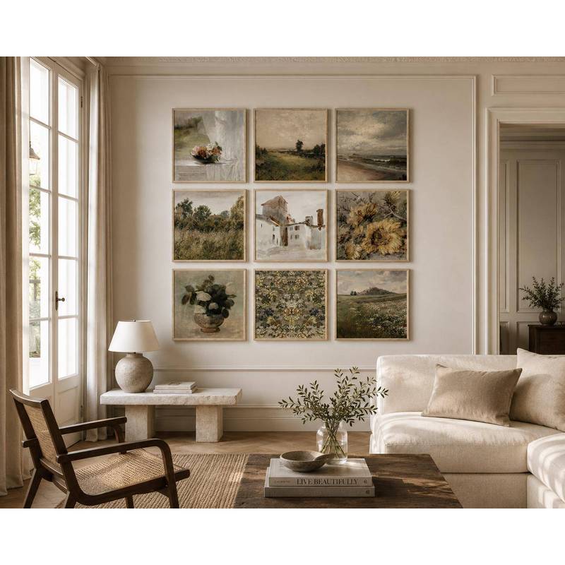 Vintage European Cottagecore Olive Green Botanical Rustic Gallery Poster No Frame Canvas Wall Art Painting Living Room D