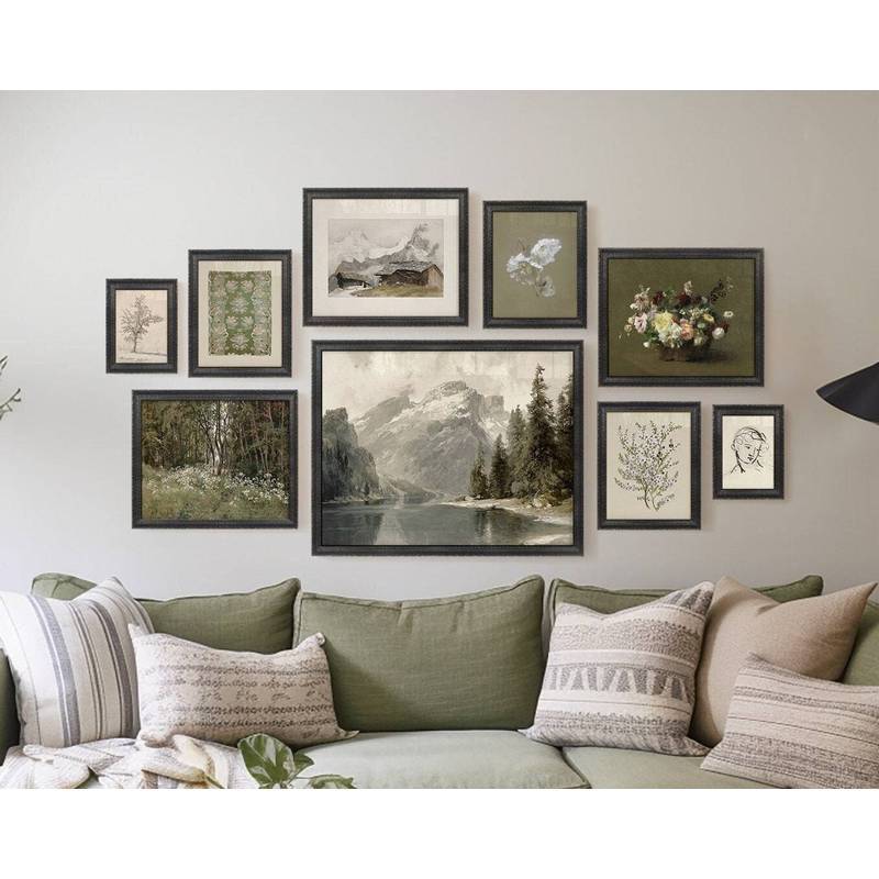 Vintage European Green Botanical Floral Mountain Landscape Cottagecore Poster No Frame Canvas Wall Art Painting Living R