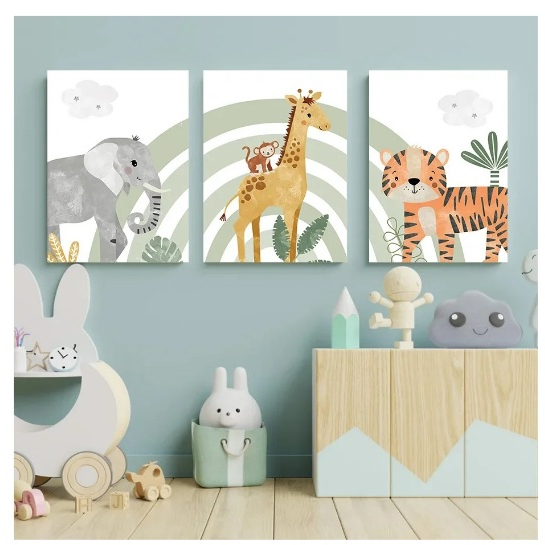 Quadros decorativos Berçário Animais Art Canvas Painting (3 peças)