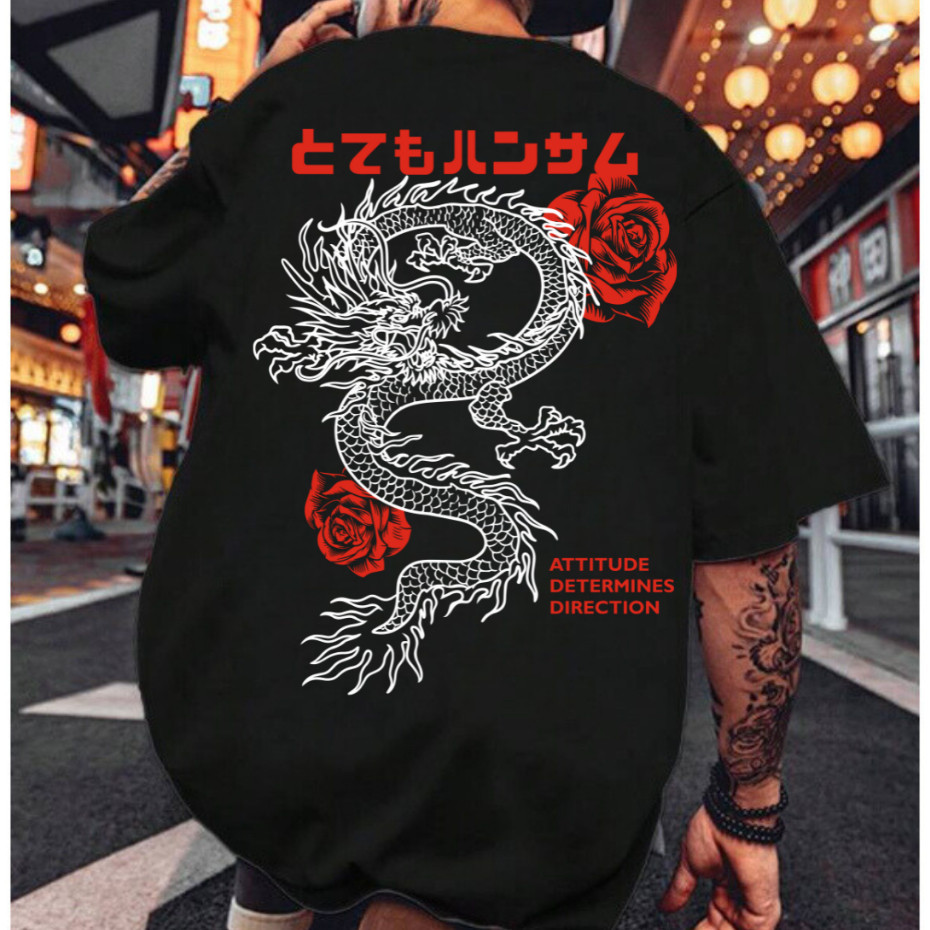 Camiseta OverSized Masculina Dragão Painting Japonês Algodão
