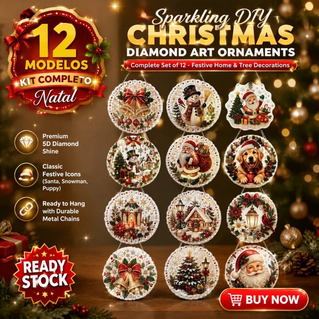 Kit Diamond Painting de Natal 12 Modelos | Enfeites DIY com Miçangas e Strass | Decoração de Árvore e Janela | Presente