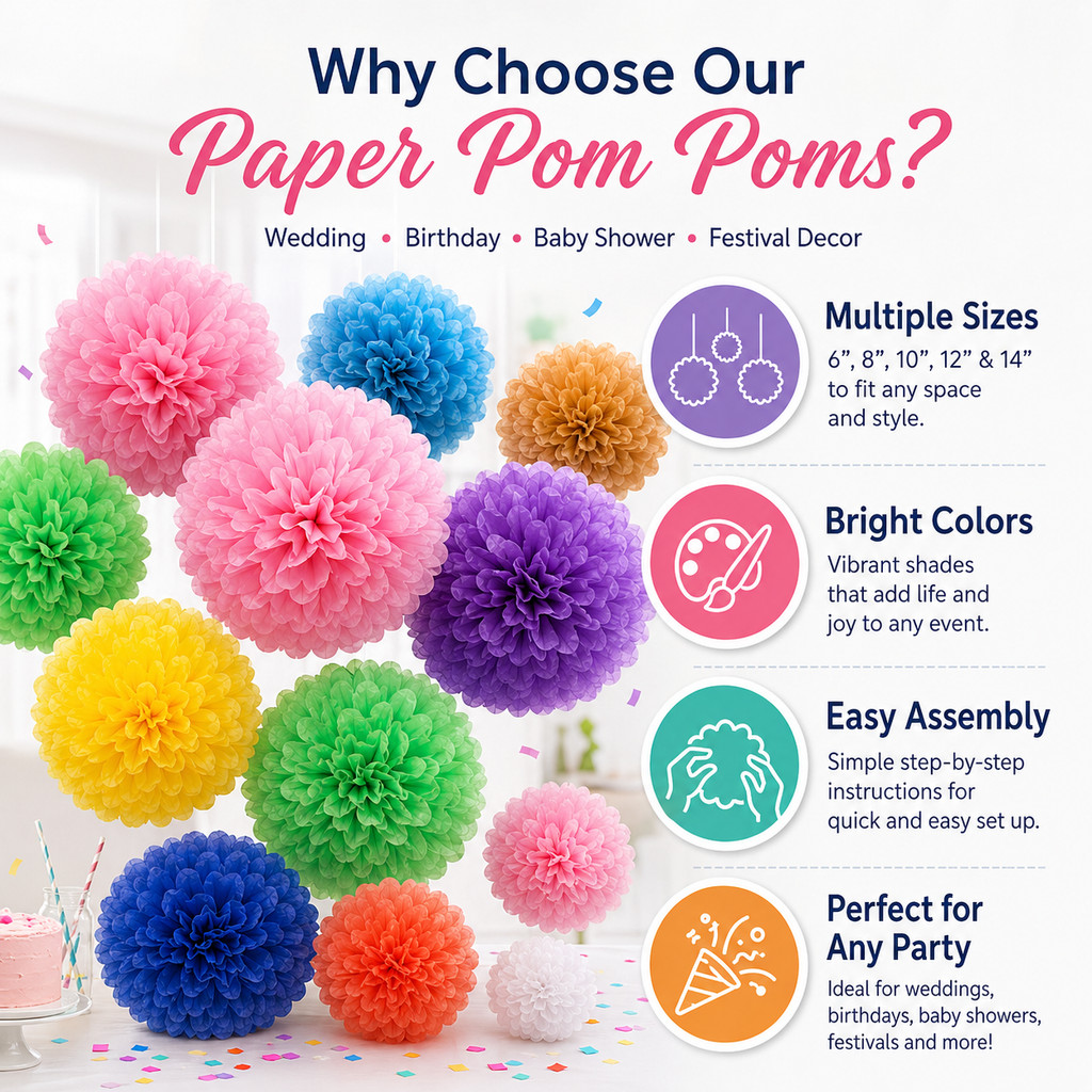 1/5 Paper Tissue Pom Poms 15-35cm – Decorative Flower Balls for Weddings, Birthdays, Parties, and Home Decor
