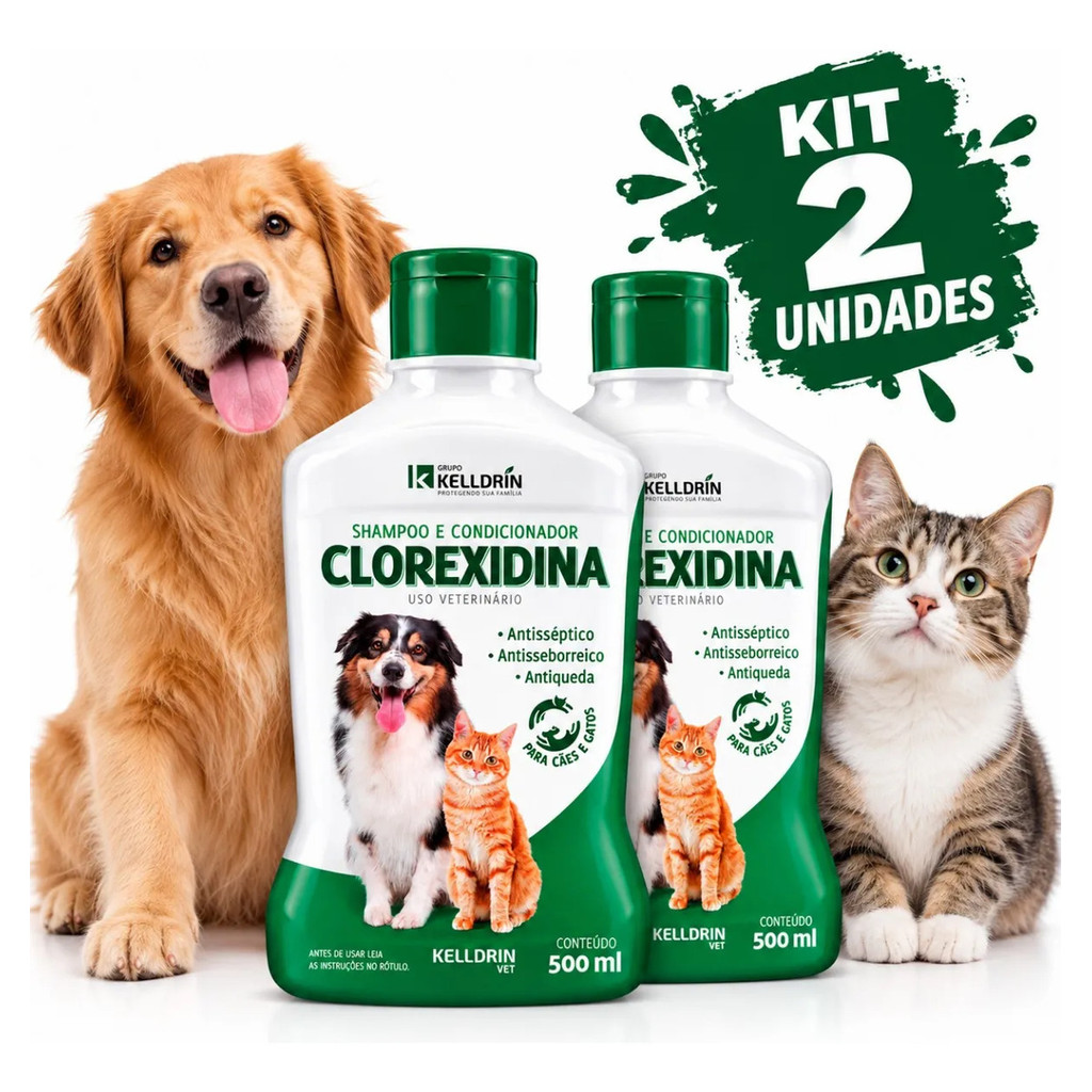Clorexidina 0,2% Shampoo Kelldrin 2x500ml 1 Litro cuidado da pele e pelagem