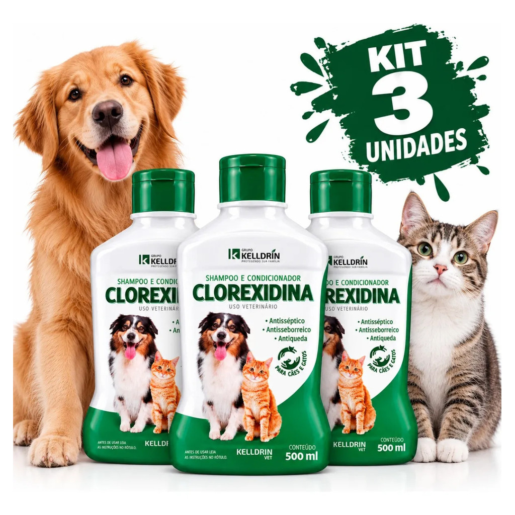 Shampoo Antisséptico Kelldrin limpeza da pele e dos pelos Kit 3 1,5 Litro Total