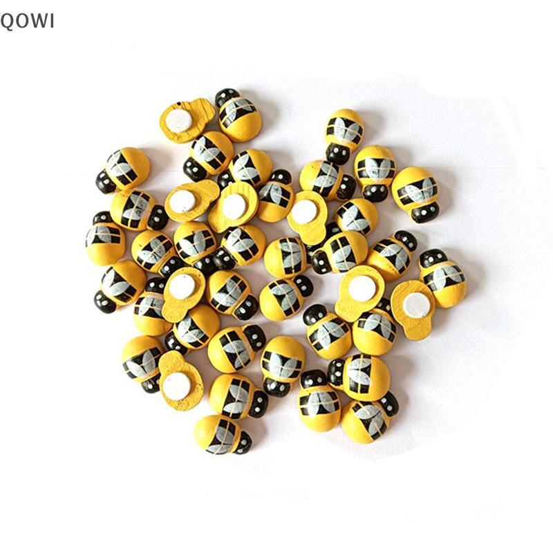 qo 50/100 Pçs Mini Abelha De Madeira Auto-Adesivo Stier Crianças Pintadas DIY Artesanato Estatueta De Jardim De Fadas Em