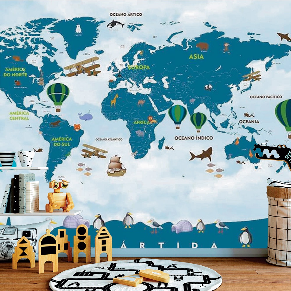 Papel de Parede Personalizado Foto Mural Infantil Mapa Mundi Antártida Azul M² Imagem Completa