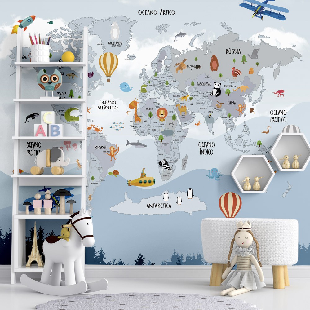 Papel de Parede Personalizado Foto Mural Mapa Mundi Avião Balão Foguete e Animais - Imagem vai Inteira Sem repetição M²