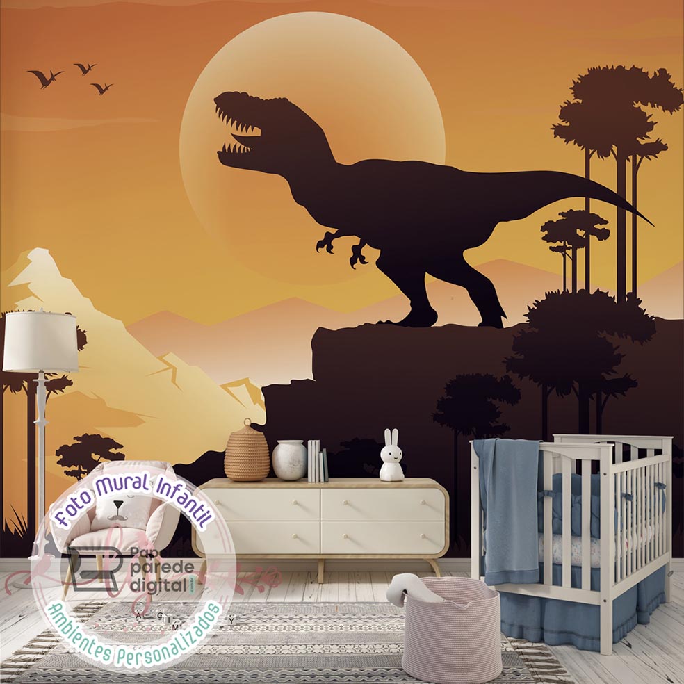 Papel de Parede Personalizado Foto Mural Anoitecer Com Os Dinossauros Na Selva M² Imagem Completa