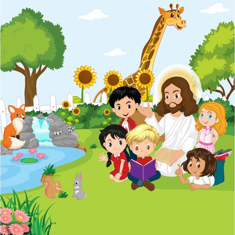 Papel de parede Adesivo Foto mural Jesus Crianças Parque Animais Tamanho 100x100