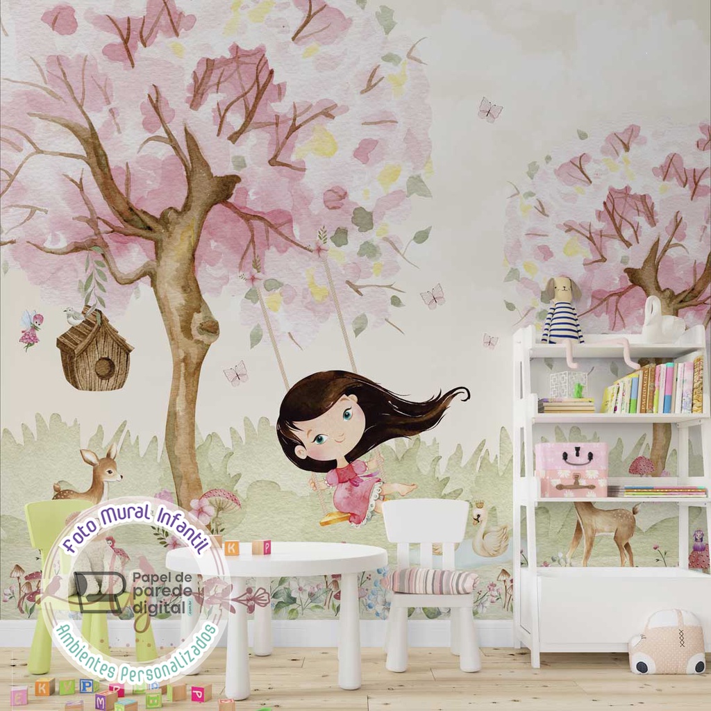 Papel de Parede Personalizado Foto Mural Infantil Menina Balanço Parque M² Imagem Completa