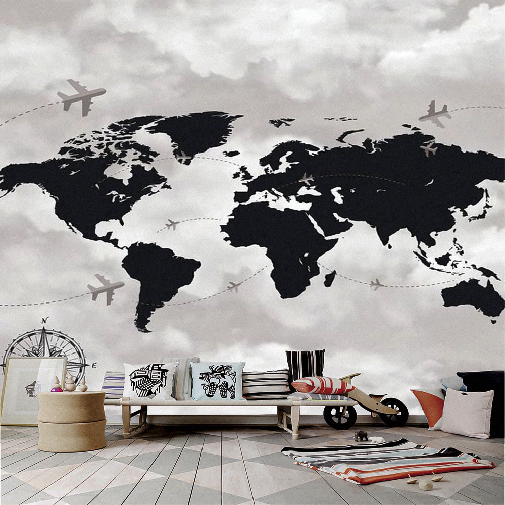Papel de Parede Personalizado Foto Mural Mapa Com Rota De Aviões Céu Cinza M² Imagem Completa
