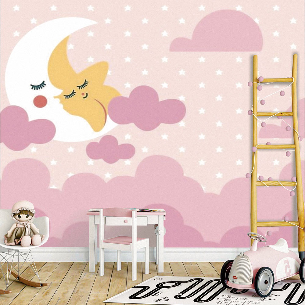 Papel de Parede Personalizado Foto Mural Nuvens Lua E Estrela Hora De Dormir M² Imagem Completa
