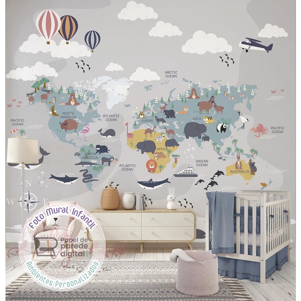 Papel de Parede Personalizado Foto Mural  Mapa Mundi Divertido Com Animais Nuvens E Balões M² Imagem Completa