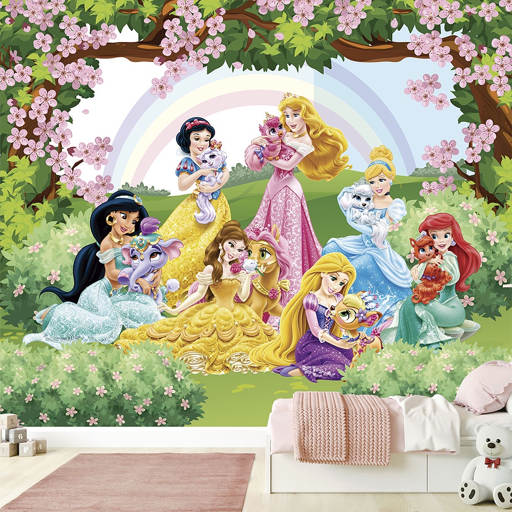 Papel de Parede Personalizado Foto Mural Personagens Desenho Princesas E Seus Pets No Jardim Encantado M² Imagem Completa
