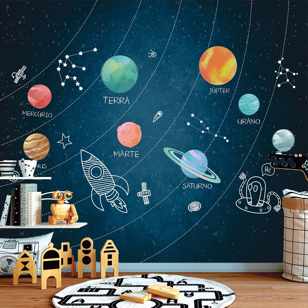 Papel de Parede Personalizado Foto Mural Infantil Espacial Planetas M² Imagem Completa