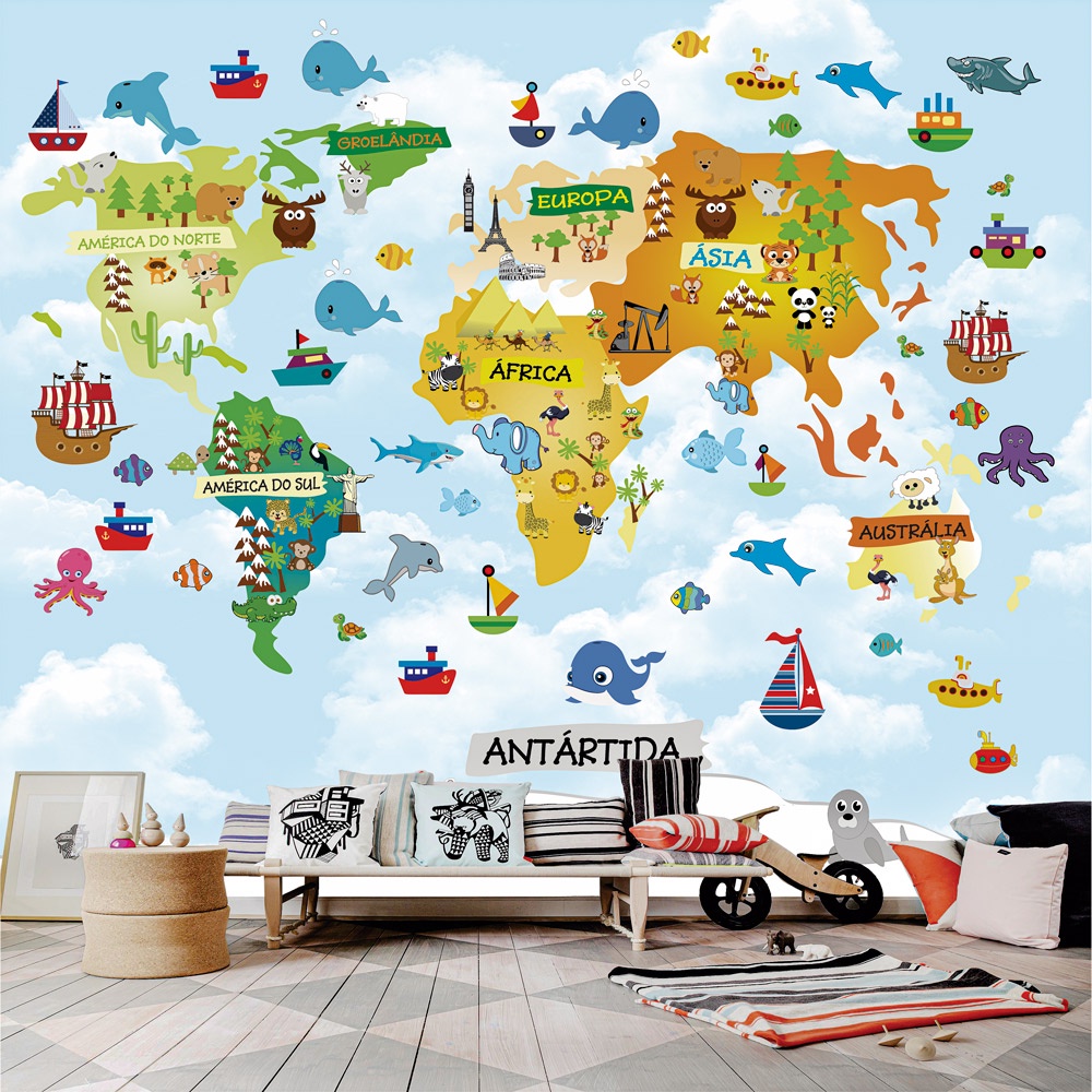 Papel de Parede Personalizado Foto Mural Infantil Mapa Mundi Continentes M² Imagem Completa