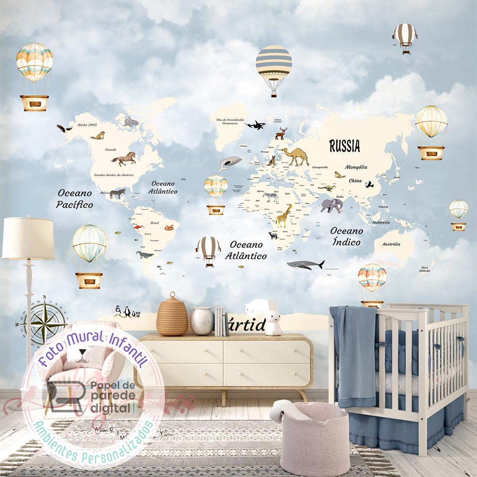 Papel de Parede Personalizado Foto Mural Infantil Mapa Mundi Tons De Cinza Com Animais E Balões M² Imagem Completa