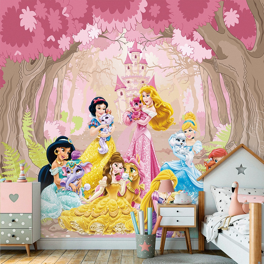 Papel de Parede Personalizado Foto Mural Infantil Personagens As Princesas No Bosque Em Frente Ao Castelo Com Os Animais M² Imagem Completa