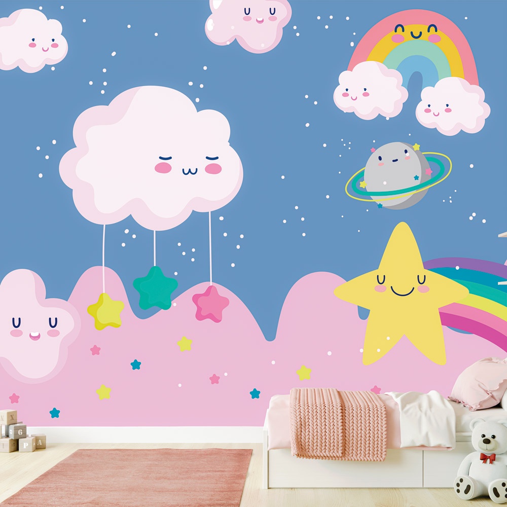 Papel de Parede Personalizado Foto Mural Infantil Céu Azul Com Nuvens Estrelas E Arco-Íris M² Imagem Completa