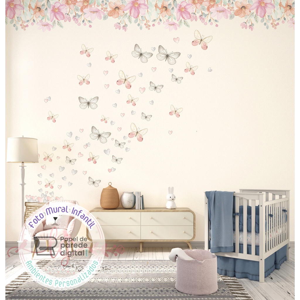 Papel de Parede Personalizado Foto Mural Cesta De Borboletas M² Imagem Completa