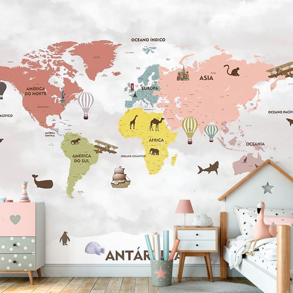 Papel de Parede Personalizado Foto Mural Infantil Mapa Mundi Fundo Cinza Com Países Coloridos E Animais M² Imagem Completa