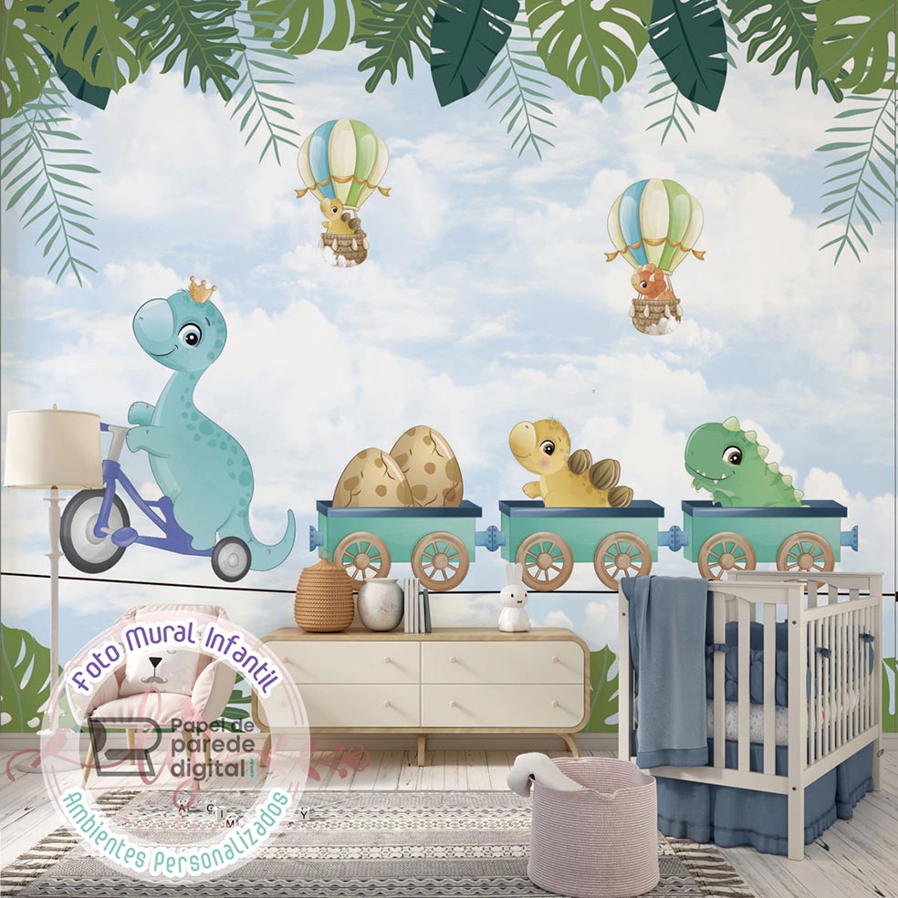 Papel de Parede Foto Mural Infantil Dinossauros Babys E Diversão Na Floresta M² Imagem Completa