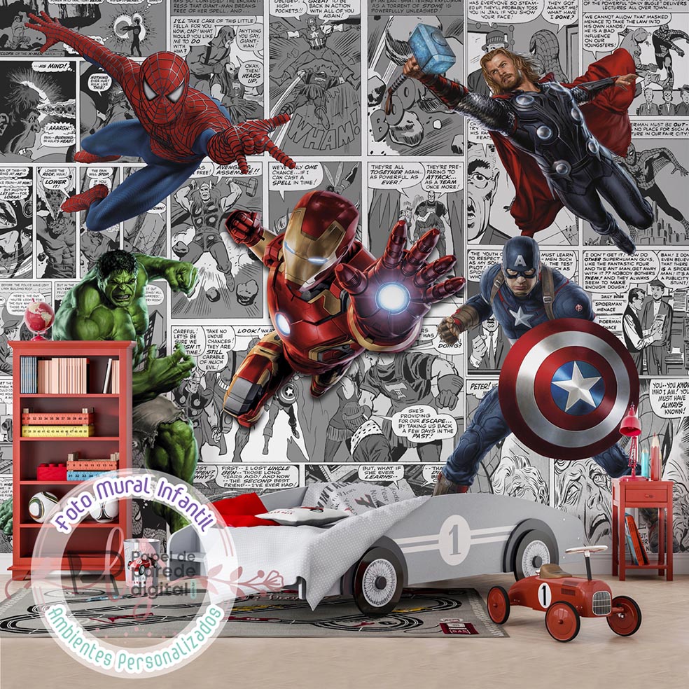 Papel de Parede Foto Mural Infantil Personagens Heróis Em Gibi M² Imagem Completa