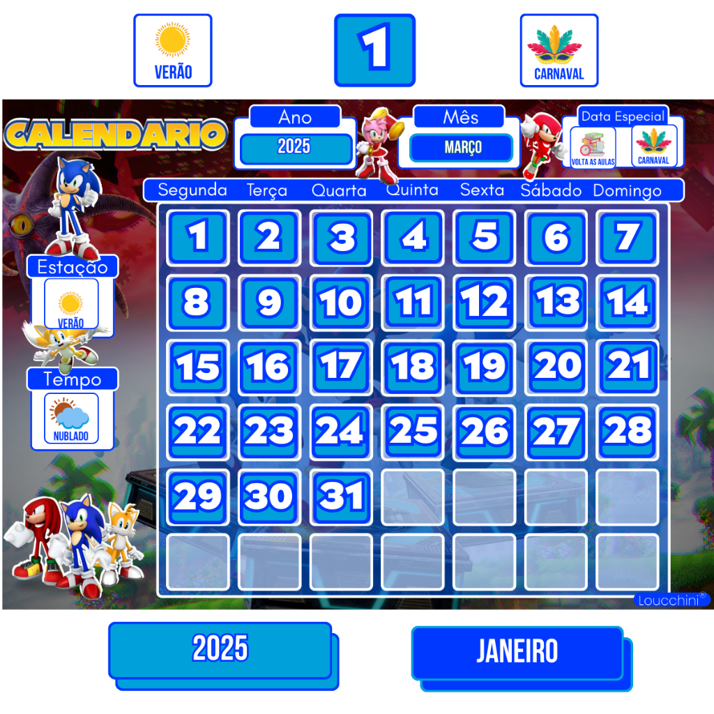 Calendário Infantil com Peças Magnéticas para Organização do Dia a Dia Tema Sonic