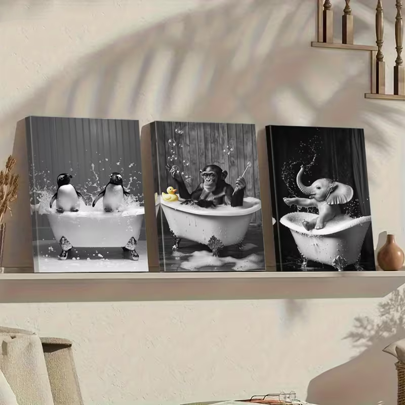 Kit 3 Quadros Animais Banheira Elefante Macaco Pinguim Autocolante Lavabo Moderno Decoração Oferta